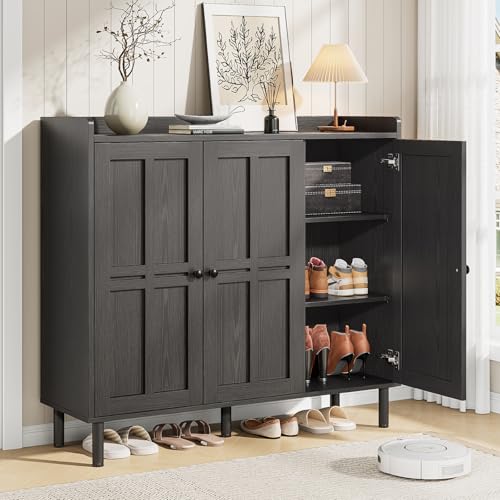 Image of ONBRILL Shoe Cabinet with 3 Doors and Adjustable Shelves, 30 Pairs Shoe Storage Cabinet, 40 Inch Tall Farmhouse Shoe Rack Shoe Organizer Cabinet for Entryway Living Room Closet, Black