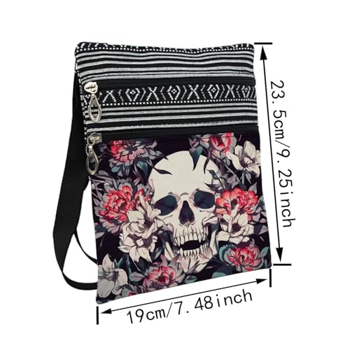 Floral Skull Messenger Bag Small Ethnic Pattern Printed Adjustable Strap Crossbody Zipper Pouch Floral Skull Phone Organizer Wallet Cute Shoulder Handbag for Women2