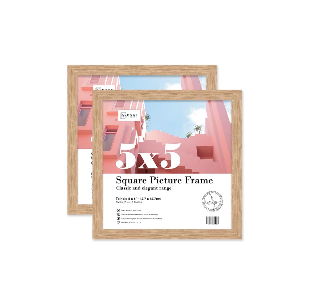 Almost Frameless 5x5 Oak Picture Frame Set of 2, Display 5x5 Picture Gallery Wall, Poster, Photo, Artwork, or Print, Oak, Square