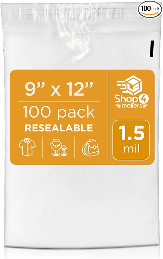 Shop4Mailers 9 x 12 Clear Plastic Poly Bags 1.5 Mil Self Seal Packaging for Apparel, Jewelry, Documents, Prints, Gifts, Storage – Resealable (100 Pack)