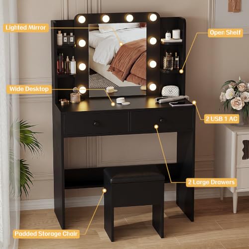 Image of Haewon Makeup Vanity Desk with Lighted Mirror and Chair Set, Black