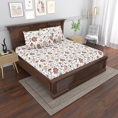 Image of Mafatlal Saanjh 144 TC Cotton Double Bedsheet 90x100 Inch | Stylish Printed Cotton Bedsheet for Home | Soft & Durable | 2 Pillow Covers Included | Espresso Brown
