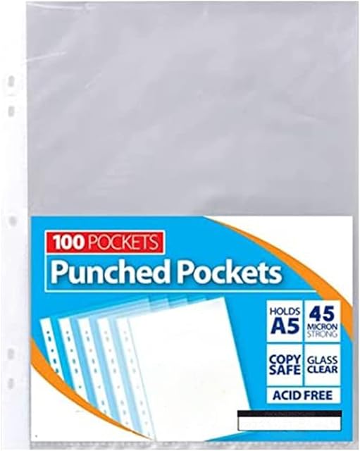 1Above 45 Micron 100Pack A5 Plastic Wallets Strong Glass Clear Punched Ring Binder Poly Pockets Ideal for Storing certificates, programmes, Stamps and Receipts (1)
