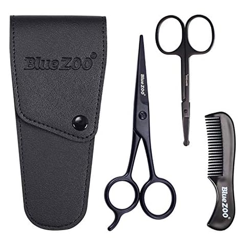 Beard Scissors/Nose Scissors /Mustache Comb Multi Functions Grooming Kit Gift Set Beard Trim Scissor Kit Trimming Nasal Hair for Men with Storage Bag (Black) Cover