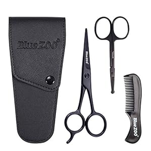 Beard Scissors/Nose Scissors/Mustache Comb Multi Functions Grooming Kit Gift Set Beard Trim Scissor Kit Trimming Nasal Hair for Men with Storage Bag (Black)