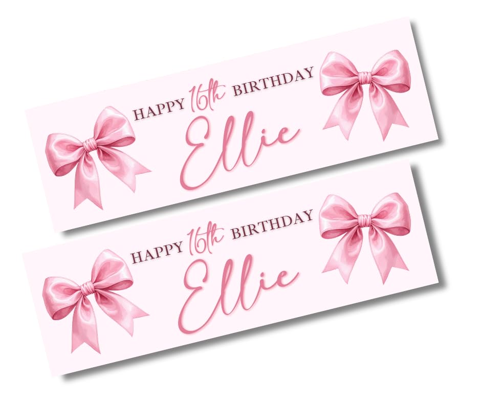 2 Pack Personalised Birthday Party Banners Pink Bow Theme Add Name & Age 900x300mm