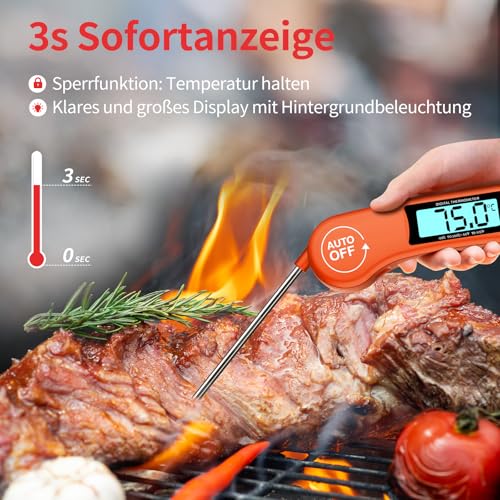 DOQAUS Grillthermometer Fleischthermometer Küchenthermometer Bratenthermometer Kochthermometer mit 3s Sofortiges Auslesen, LCD Bildschirm und Lange Sonde, für Kochen, BBQ (Orange) 3