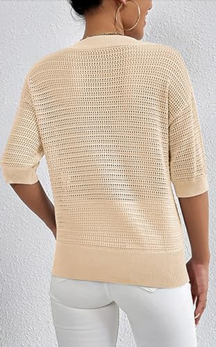 Image of Women's Hollow Out Half Sleeve Shirt Summer V Neck Knit Sweater Casual Loose Fit Pullover Top