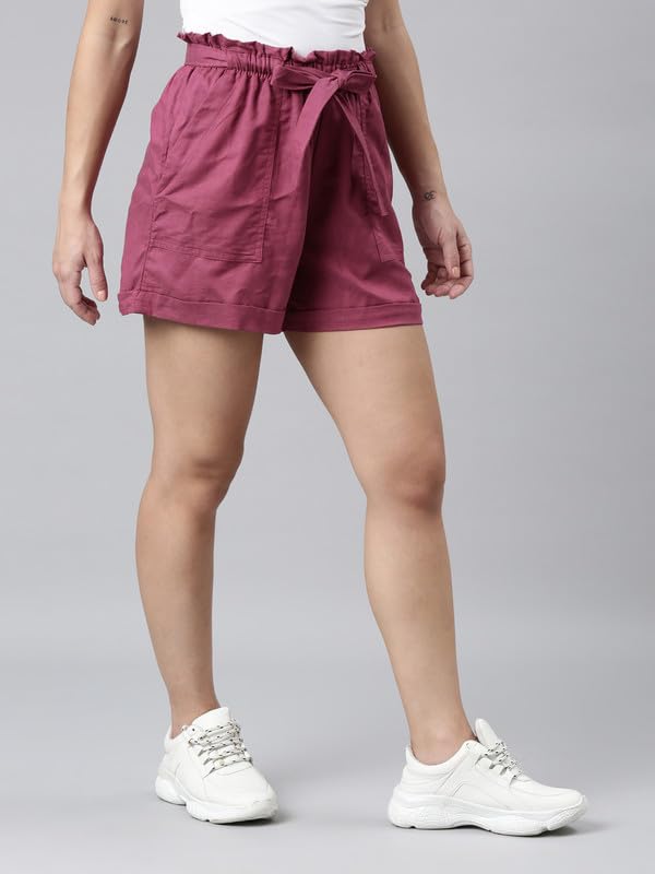 Image of GO COLORS Women Solid High Rise Relaxed Fit Linen Shorts