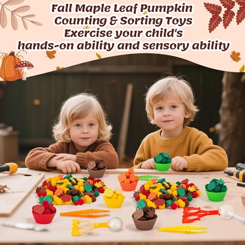 Image of EZdhuawuse Fall Sensory Bin Fillers Toys- 267Pcs Thanksgiving Gifts Fine Sorting Stacking Motor Toys for Kids, Autumn Glitter Felt Maple Leaf Pumpkin Sorting Activity for Preschool Early Development