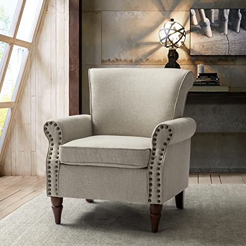 Hulala Home Modern Accent Chair With Wood Legs & Removable Cushion, Wingback Armchair With Nailhead Trim, Comfy Upholstered Lounge Chair Single Sofa Chair For Living Room Bedroom, Oatmeal #TOP7
