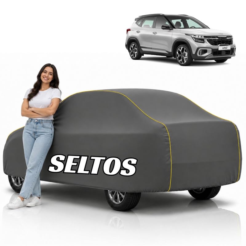 Image of Mind-Blowing 2026 100% Waterproof Seltos Facelift Car Cover | Polyester Car Body Cover for Rain & Sun | UV Protection, Dustproof, Scratch Resistant, Windproof, Heat Resistant, Custom Fit (GREY)