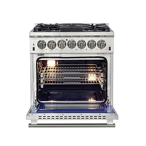 FORNO Capriasca Dual Fuel 36" Inch. Freestanding Range 6 Sealed Brass Burners Cooktop and 5.36 Cu. Ft. Electric Convection Oven - Stainless Steel Stove Range Heavy Duty Cast Iron Grates