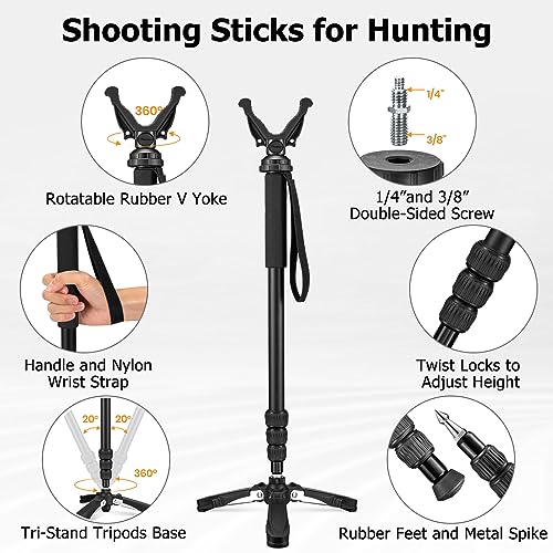 Shooting Stick Monopod Hunting Tripod with Rotatable Removable Rubber Yoke Adjustable Shooting Pole for Rifle Tripod with Tri-Stand Tripods Base, Rifle Stick Gun Tripod for Hunting (Black, 23-61.5\")