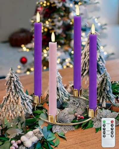 SHYMERY Flameless Advent Candles Real Wax Battery Operated Electric LED Taper Candles with Remote Timer Set of 4 Purple & Pink Flickering for Wreath Thanksgiving Christmas Outdoor Centerpieces