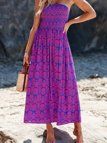Image of CUPSHE Women's Tube Beach Dress Boho Straight Neck Strapless Smocked Bodice Maxi Casual Summer Dresses