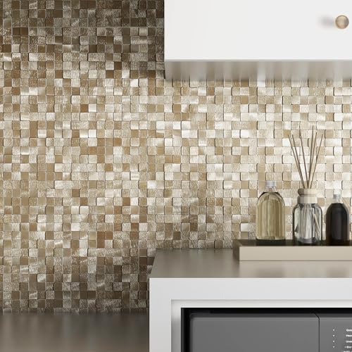 BeNice Azulejos de mosaico autoadhesivos cuadrados 3D para panel de pared de metal, azulejos adhesivos para paredes de cocina (8 hojas, dorado)