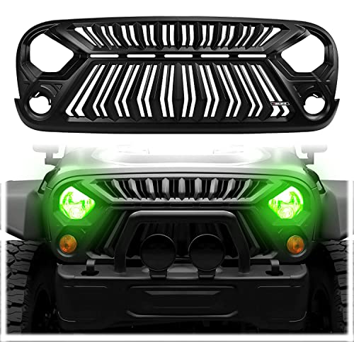 SEVEN SPARTA Front Grill Compatible with Jeep Wrangler JK JKU 2007-2018 Thunderfury Style with 5 LED Grille Lights, Strip, Clips and Rivets (Matte Black-Without Light)