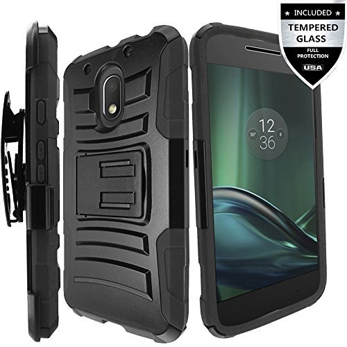 Moto G Play Case, Moto G4 Play Case with Tempered Glass Screen Protector,IDEA LINE(TM) Combo Holster Kickstand Belt Clip - Black (Not Fit Moto E4 / Moto G4 and Moto G4 Plus)