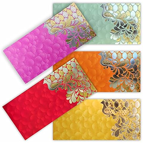 PARTH IMPEX Shagun Gift Envelope for Cash (Pack of 50) 7.5" x 3.5" Peacock Feather Gold Silver Foil Stamping Assorted Color Money Holder Card for Christmas Diwali Birthday Wedding Graduation Cover