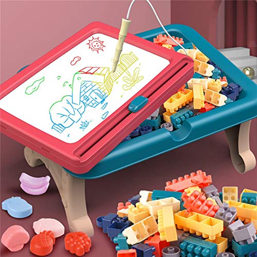 BETTINA 2 in 1 Block Activity Table & Magnetic Drawing Boards with 102 Pcs Blocks, Building Toys & Doodle Board for Kids (Blue)