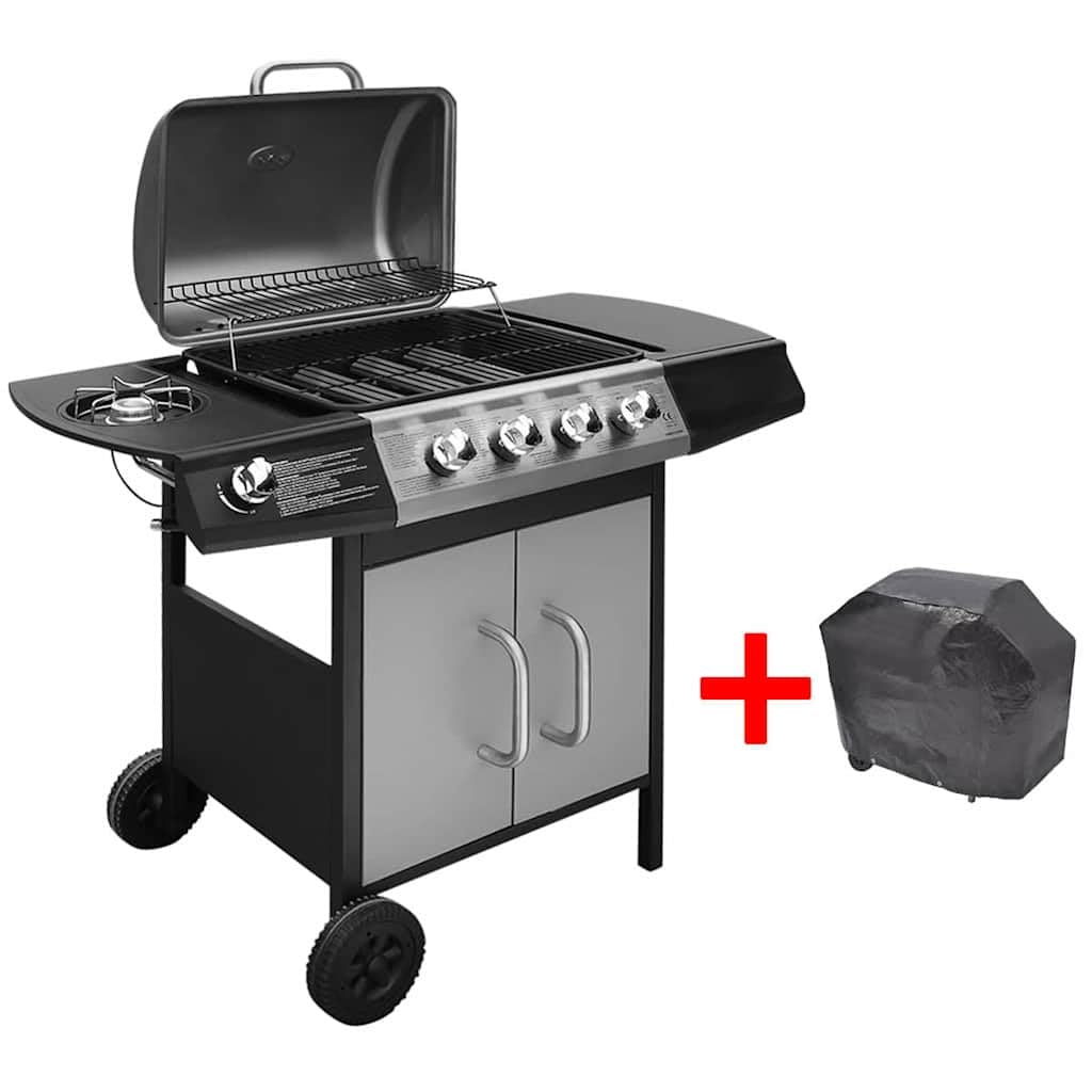 Barbecue a gas 4+1 con fornello laterale, carrello in acciaio inox e SPCC con termometro, cappa per barbecue inclusa, nero e argento