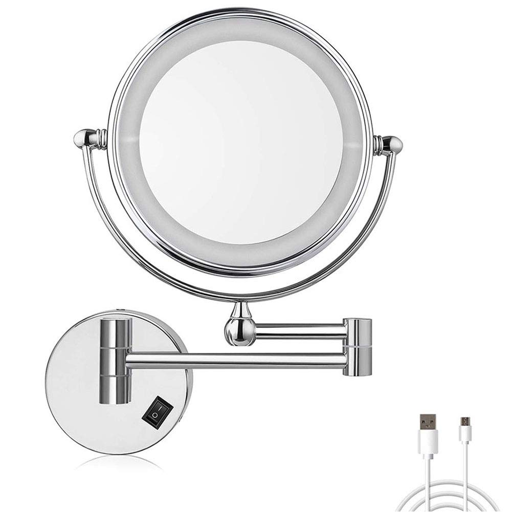 SaryEdge 8'' Bathroom Shaving s Wall Mounted, LED Illuminated Make Up 10X Magnifying, for Hotel Vanity Two Swivel Surface with Chrome Finished USB Rechargeable,