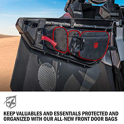 Image of Xprite UTV Front Side Door Storage Bags for 2017, 2018, 2019, 2020 Can-Am Maverick X3 Max XRS XDS Turbo R, Off-road Multi-Purpose Organizer Pocket w /Cup, Phone Holder & Removable Knee Pad - Redlining