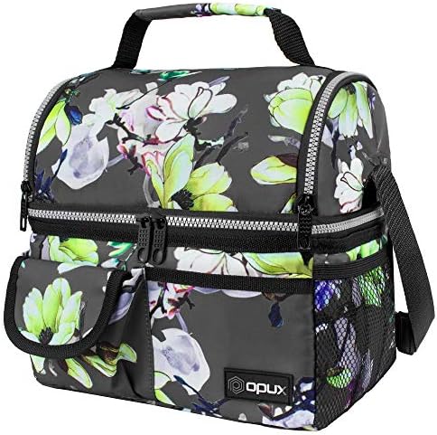 opux Insulated Dual Compartment Flower Lunch Bag, Lunch Box Women, Soft Lunch Cooler Bag Leakproof Adult Work Office, Large Cute Tote Lunch Pail Kids Girls School, Reusable Beach Picnic, Floral Gray