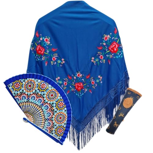 Planta Color Pack Tradicional Español: Mantón con Bordado de Preciosas Flores, Abanico de Madera Pintado a Mano y Funda Artesanal Hecha en España (Azul)