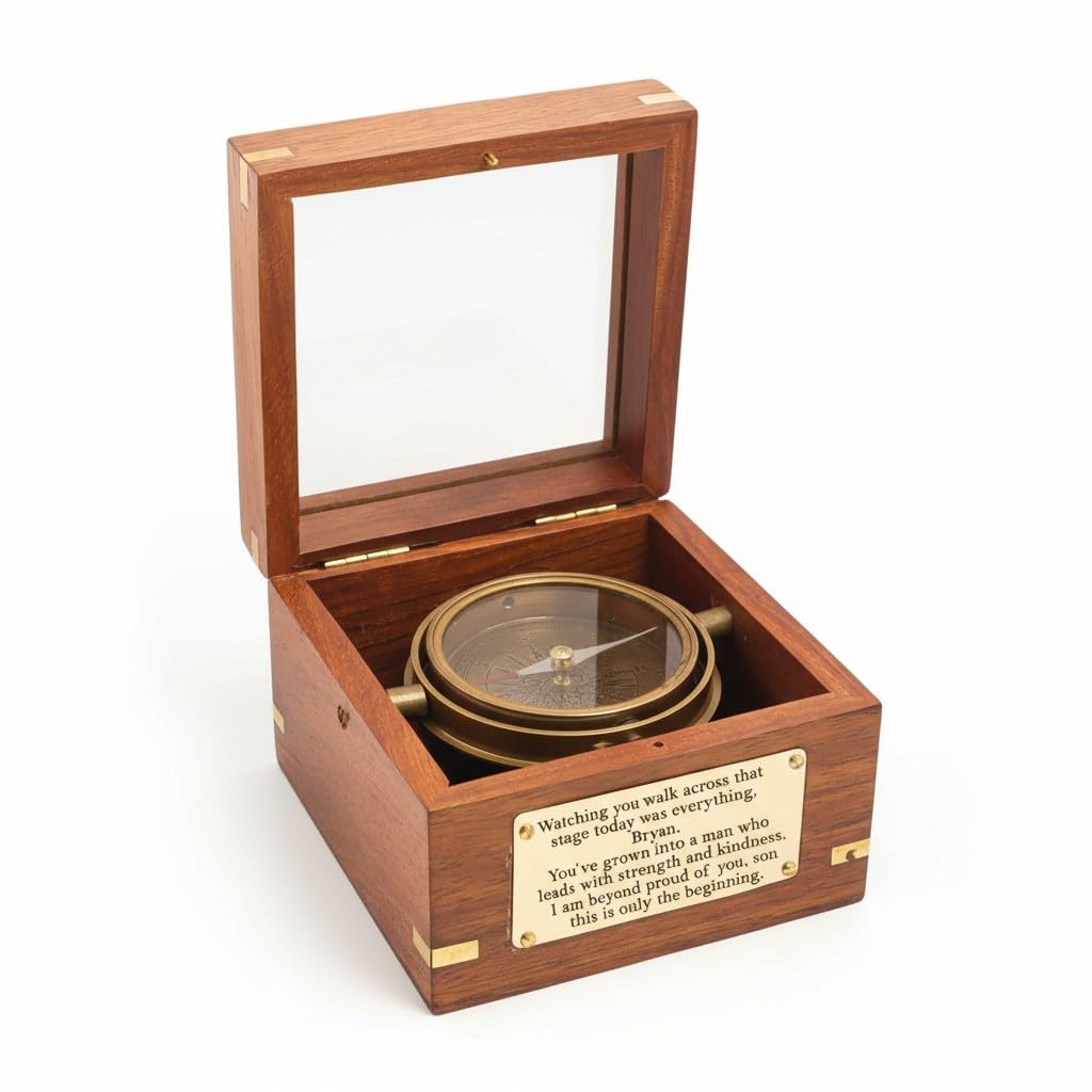 Personalised Brass Gimbal Compass with Custom Engraving Vintage Style Compass in Wooden Box Gift for Son, Grandson, Dad Graduation, Retirement, Baptism, Birthday (Customisable)