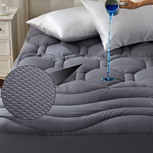 Elven Home California King Mattress Pad Waterproof Mattress Cover, Breathable Padded Mattress Protector Deep Pocket 8-21", Soft Fluffy Cal King Bed Mattress Topper (Grey,72X84 In) #TOP2