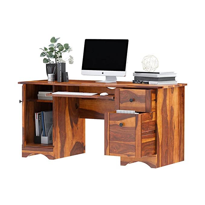 Image of Heer Handicraft Simple Office Computer Table with Three Drawer & Single Door Cabinet with Legs & Keyboard Tray Support in Natural Honey in Matte Polished Finish, Material: Sheesham Wood