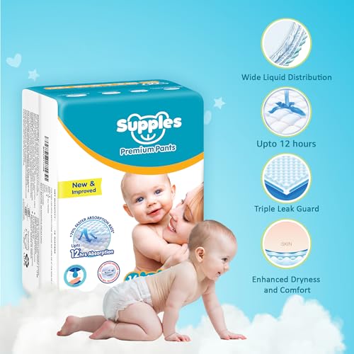 Image of Amazon Brand - Supples Premium Baby Diaper Pants | 16 Baby Diapers | Medium | 7-12 Kg | 12 Hrs Absorption | Cushiony Cotton Soft Fabric | Phthalates-Free | Triple Leak Guard