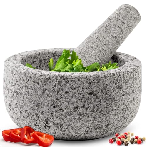 JWWYJ Heavy Duty Large Mortar and Pestle Set Hand Carved from Natural Granite Make Fresh Guacamole Salsa Pesto Stone Grinder Bowl Herb Crusher Spice Grinder 6.3 Wide 2 Cup Grey