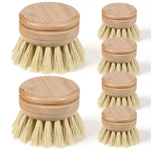 Oqqlin 6 Pcs Bamboo Dish Brush Replacement Heads, 1.9 x 1.6 Inch Natural Sisal Bristle Scrubber Wooden Kitchen Dish Brushes for Pots, Pans, Bowls, Dishes Cleaning