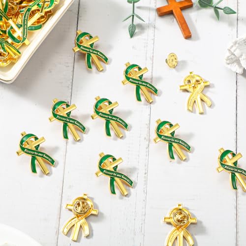 Image of Misdary Funeral Favors for Guests Funeral Memorial Pin Cross Ribbons Forever in Our Hearts Lapel Brooch Pin for Religious Christian Celebration of Life Mourning Remembrance Day