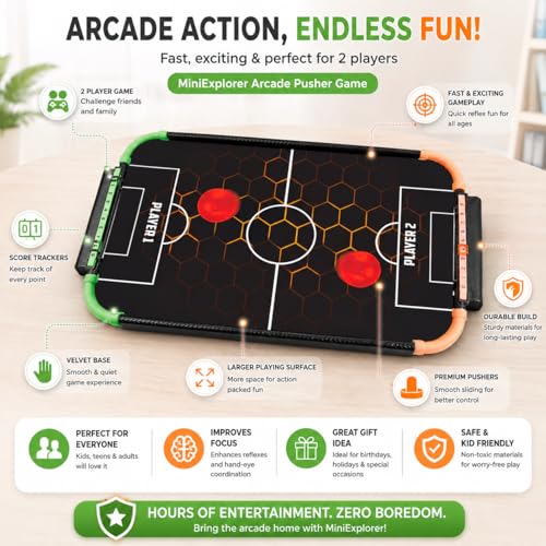 Image of MiniExplorer Air Hockey Game for Kids, Tabletop Hockey Board with 2 Pushers & 4 Pucks, Plug & Play Indoor Arcade Game Set, Fast-Paced Air Hockey Toy, BIS Certified, Made in India