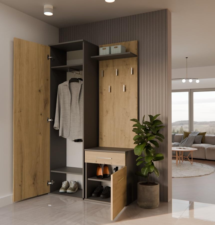 BDW Ensemble de porte-manteaux double avec miroir, armoire avec porte et tiroir, 5 crochets avec étagère, moderne, 180 x 100 x 35 cm (anthracite/chêne Artisan)