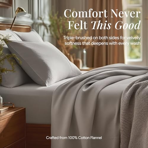 Image of Tribeca Living Queen Cotton Flannel Flat Sheet Only 170-GSM - Oversized 112 x 106 Inch Dimensions for Generous Bed Coverage - Soft Breathable Bedding in Silver Grey
