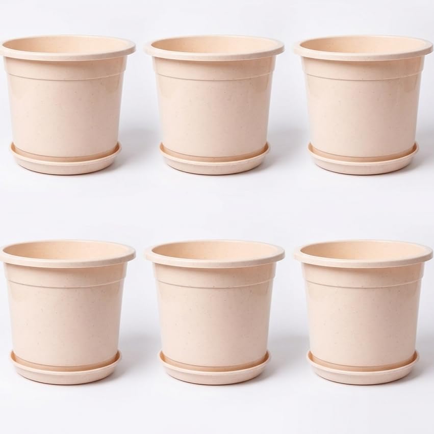 Image of 12 Inch Glossy Plastic Planter with Bottom Plate | Heavy Duty Flower Pot with Tray for Indoor Home Decor, Balcony, Living Room & Outdoor Garden (6 Pot, Blush Pink Sparkle)