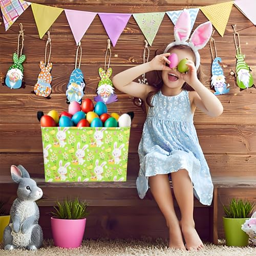 Image of Large Empty Easter Basket for Kid Fabric Personalized Bunny Eggs Easter Gift Basket for Boy and Girl (Rabbit Chicken Green Bottom)