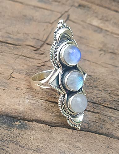Moonstone Ring, 92.5% silver ring, Rainbow Moonstone ring, Long ring, Three stone ring, Blue flash Stone ring, Rainbow Jewelry, Statement ring, Round Genuine Moonstone (Rainbow Moonstone, 10)