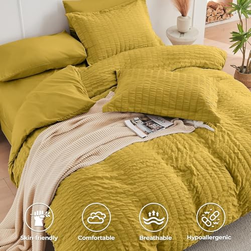 Image of HYMOKEGE Mustard Yellow King Size Comforter Set Seersucker 7 Pieces, All Season Luxury Bed in a Bag for Bedroom, Bedding Set with Comforter, Sheets, Pillowcases & Shams