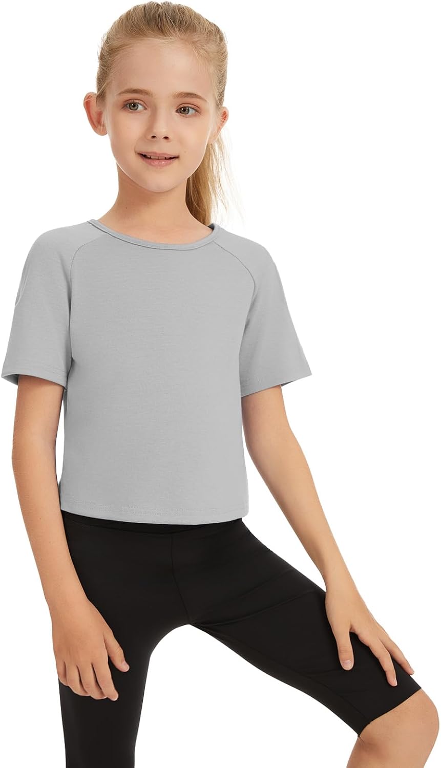 Girls Summer Workout Crop Tops Cropped Split Back Athletic Gym Exercise Short Sleeve Basic T Shirts 3-14 Years - Image 2