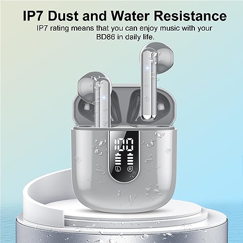 Image of Jesebang Wireless Earbuds, Bluetooth 5.4 Headphones HiFi Stereo, Bluetooth Earbuds with ENC Noise Cancelling Mic, 36H LED Display Ear Buds, IPX7 in Ear Earphones for Phone Tablet Laptop Sports, Grey