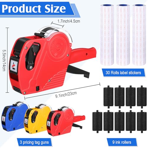 Dunzoom 3 Pack 8 Digits Price Tag Gun Label Pricing Gun Kit with 12000 Labels & 9 Ink Rollers for Retailer Supermarket Grocery Store Food(Red, Blue, Yellow) - Thumbnail 2