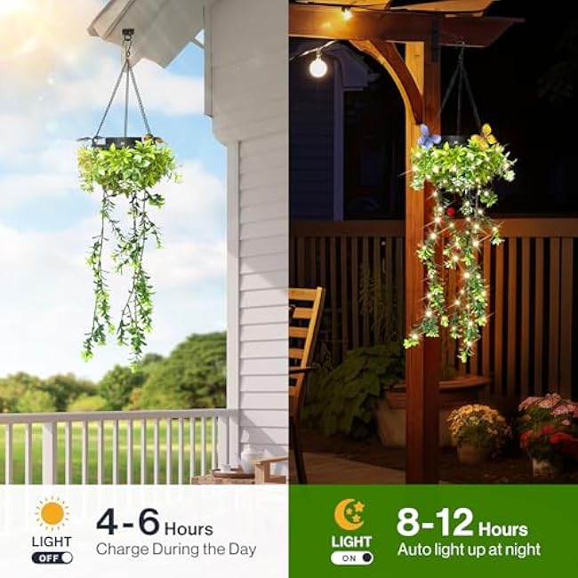 Solar Hanging Garden Lights - 2 Pack, 66 LEDs Butterfly & Flower Decor, IP65 Waterproof Summer Patio Lights for Outdoor Party Camping Poolside, Romantic Wedding, Gifts for Daughter Mom Grandma