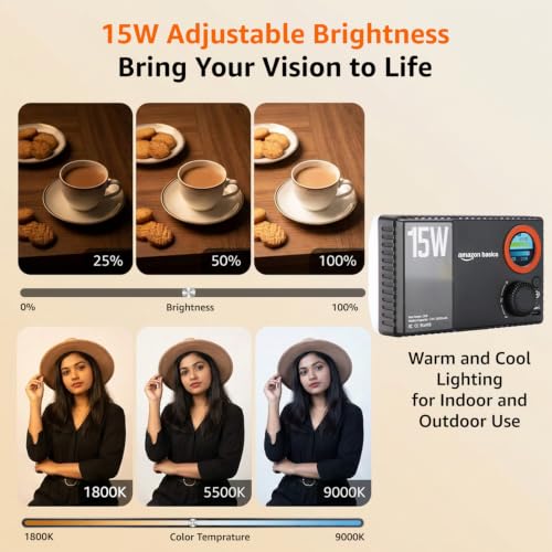 Image of Amazon Basics RGB Pocket Fill Light 15W Portable LED Camera Light, 1800-9000K Bi-Color & Full RGB, 2600mAh Rechargeable On-Camera Video Light with Type-C Charging for Photography, Vlogging, Streaming