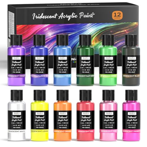 Image of Nicpro 12 Colors Iridescent Acrylic Paint Set,1oz Chameleon Metallic Paint | Color Shifting Glitter Craft Paint, Non-Toxic DIY Art Painting Supplies,Paint Kit for Canvas Rocks Wood Glass Ceramic Fabric